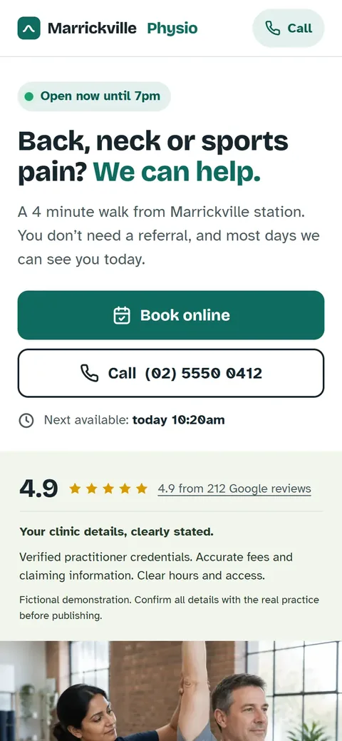 Example homepage for Marrickville Physio, a fictional physio practice in Marrickville