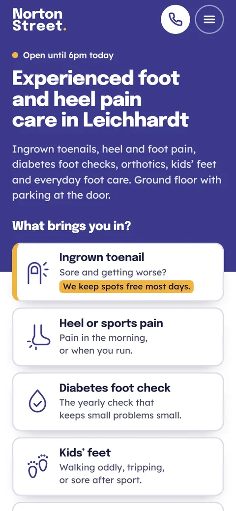 Example homepage for Norton Street Podiatry, a fictional podiatry practice in Leichhardt