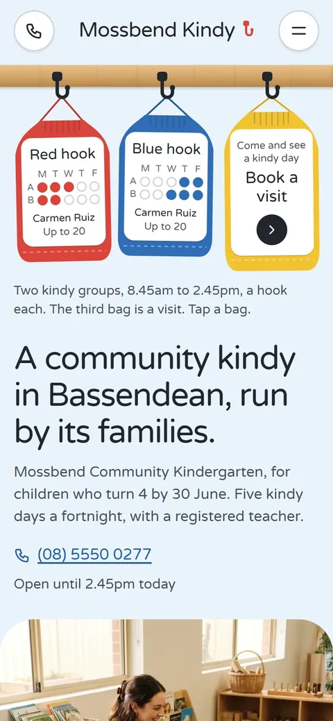 Example homepage for Mossbend Community Kindergarten, a fictional community kindergarten in Bassendean