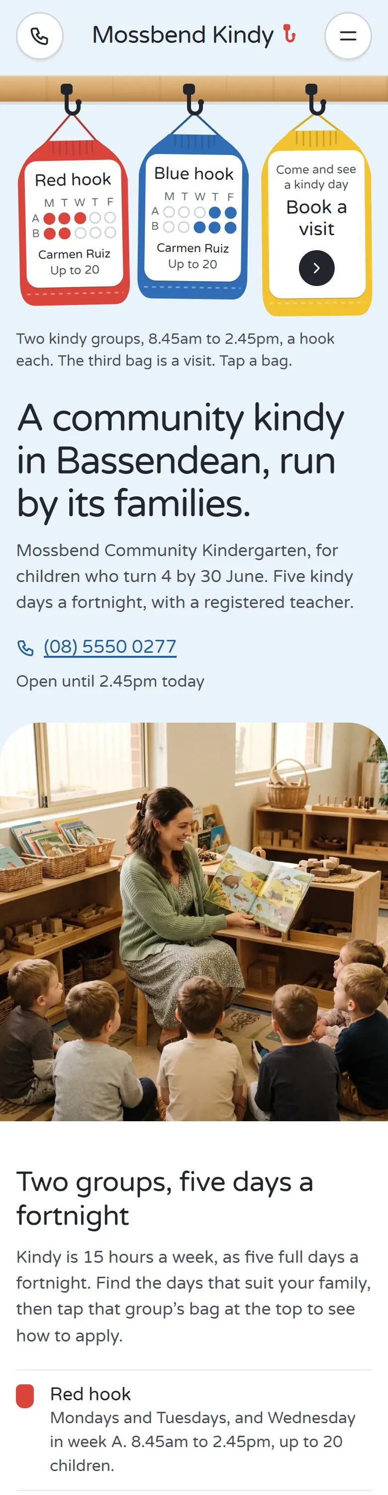 Example homepage for Mossbend Community Kindergarten, a fictional community kindergarten in Bassendean