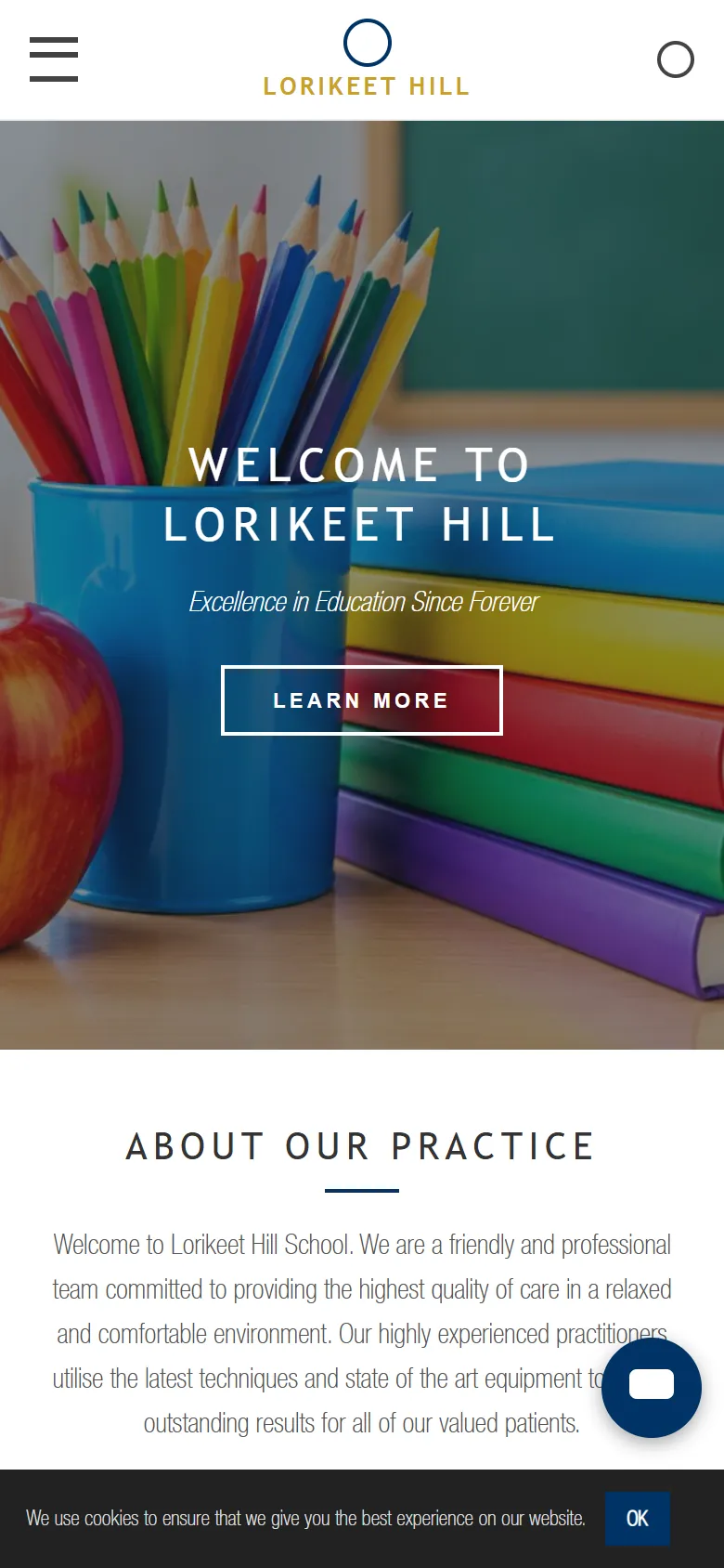 An illustrative old homepage for Lorikeet Hill School, a fictional independent school in Samford, before the rebuild