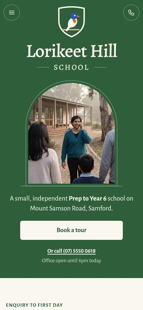 Example homepage for Lorikeet Hill School, a fictional independent school in Samford