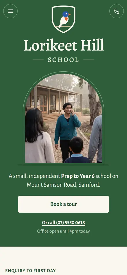 Example homepage for Lorikeet Hill School, a fictional independent school in Samford