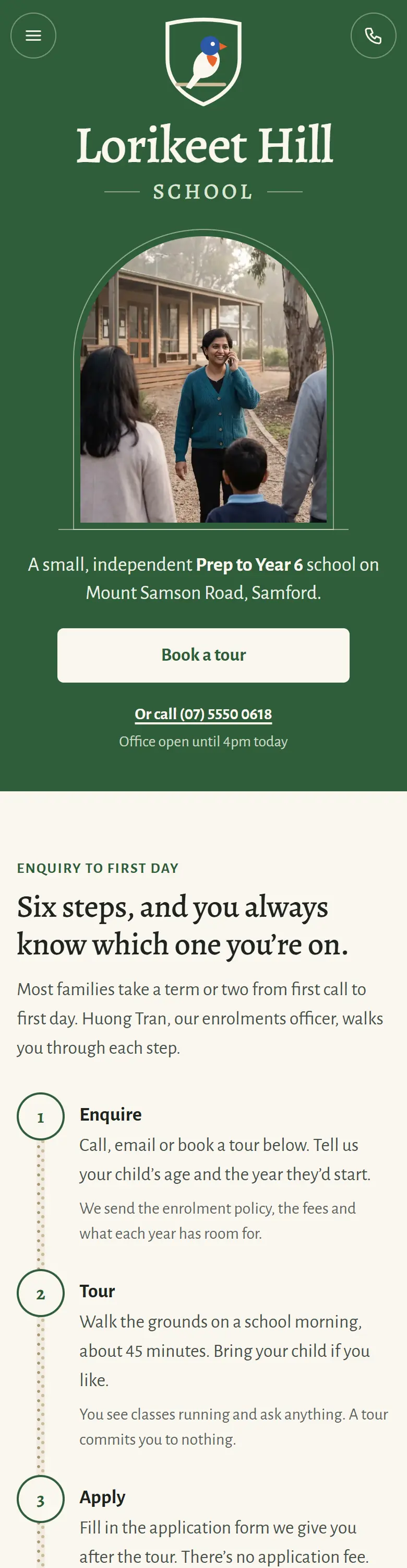 Example homepage for Lorikeet Hill School, a fictional independent school in Samford