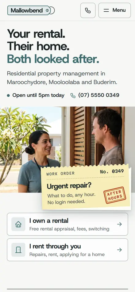 Example homepage for Mallowbend Property Management, a fictional property management agency in Maroochydore