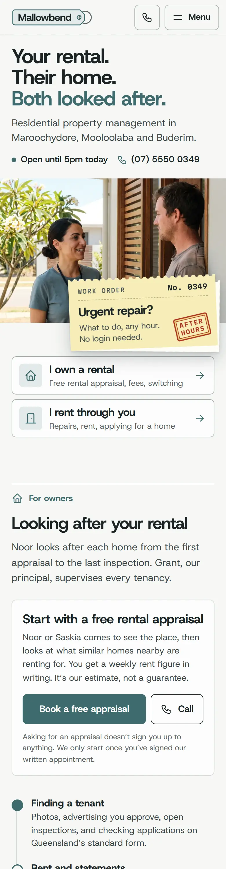 Example homepage for Mallowbend Property Management, a fictional property management agency in Maroochydore