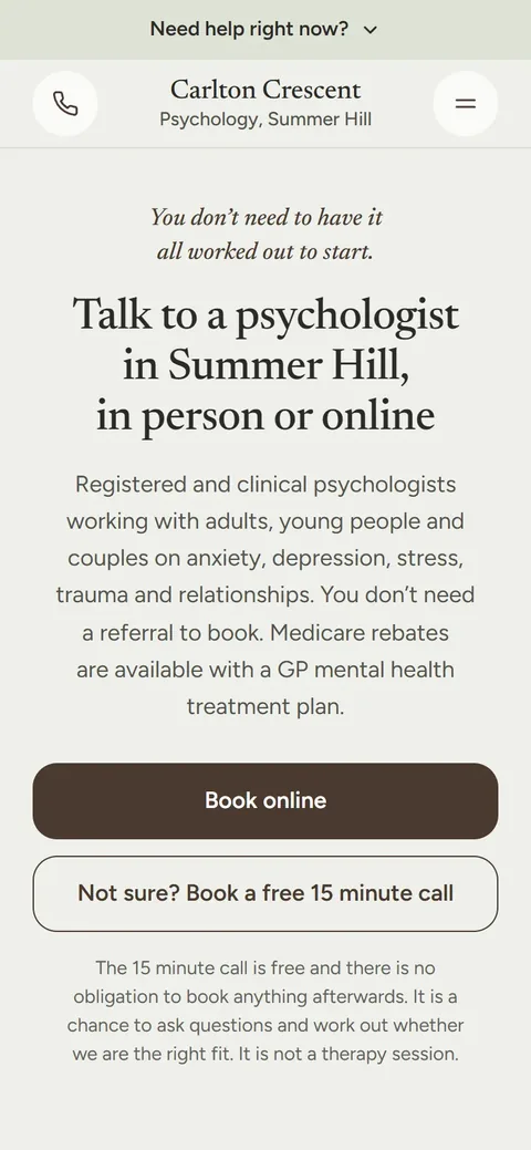 Example homepage for Carlton Crescent Psychology, a fictional psychology practice in Summer Hill
