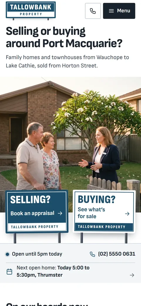Example homepage for Tallowbank Property, a fictional real estate agency in Port Macquarie