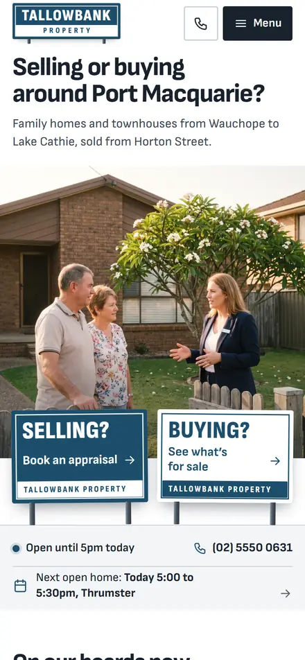 Example homepage for Tallowbank Property, a fictional real estate agency in Port Macquarie