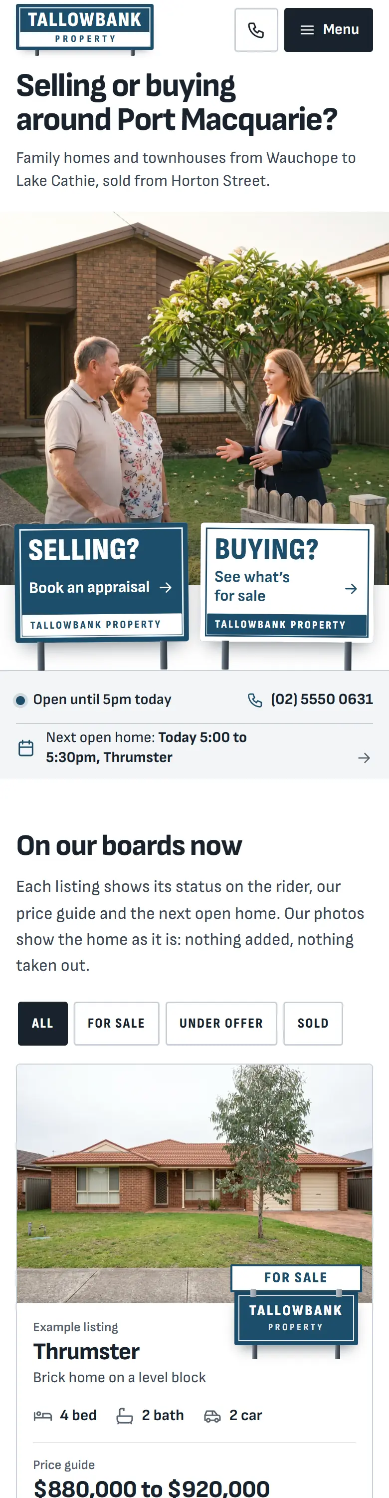 Example homepage for Tallowbank Property, a fictional real estate agency in Port Macquarie