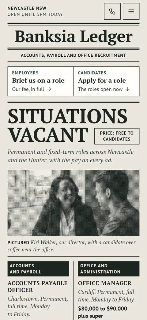 Example homepage for Banksia Ledger Recruitment, a fictional recruitment agency in Newcastle