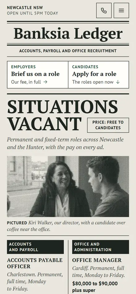 Example homepage for Banksia Ledger Recruitment, a fictional recruitment agency in Newcastle