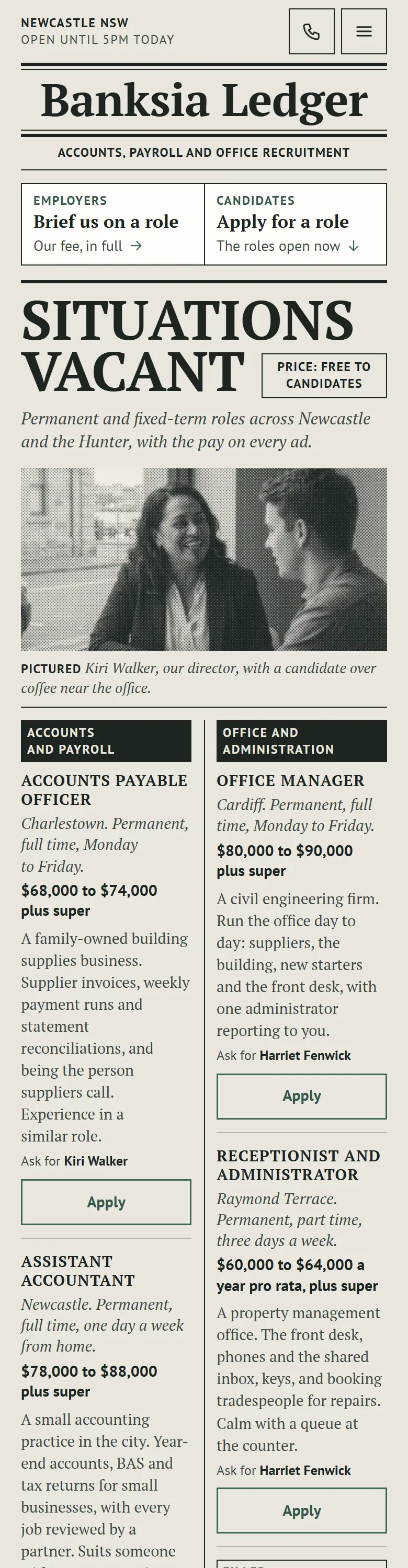 Example homepage for Banksia Ledger Recruitment, a fictional recruitment agency in Newcastle