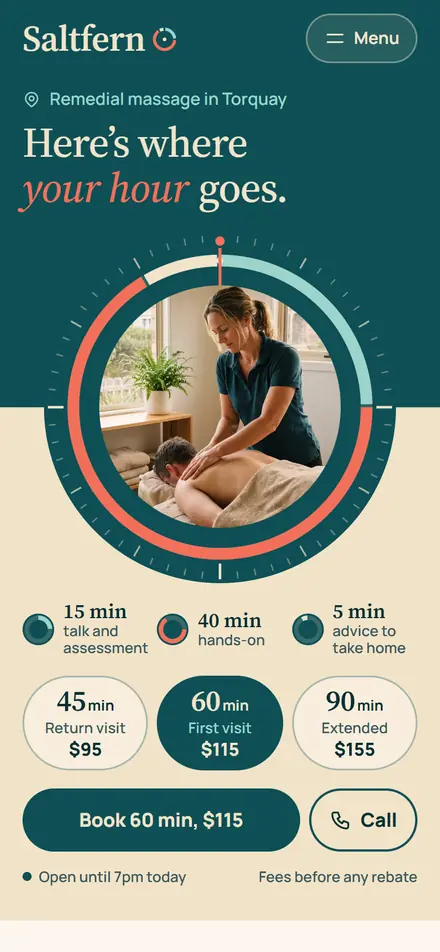Example homepage for Saltfern Remedial Massage, a fictional remedial massage clinic in Torquay