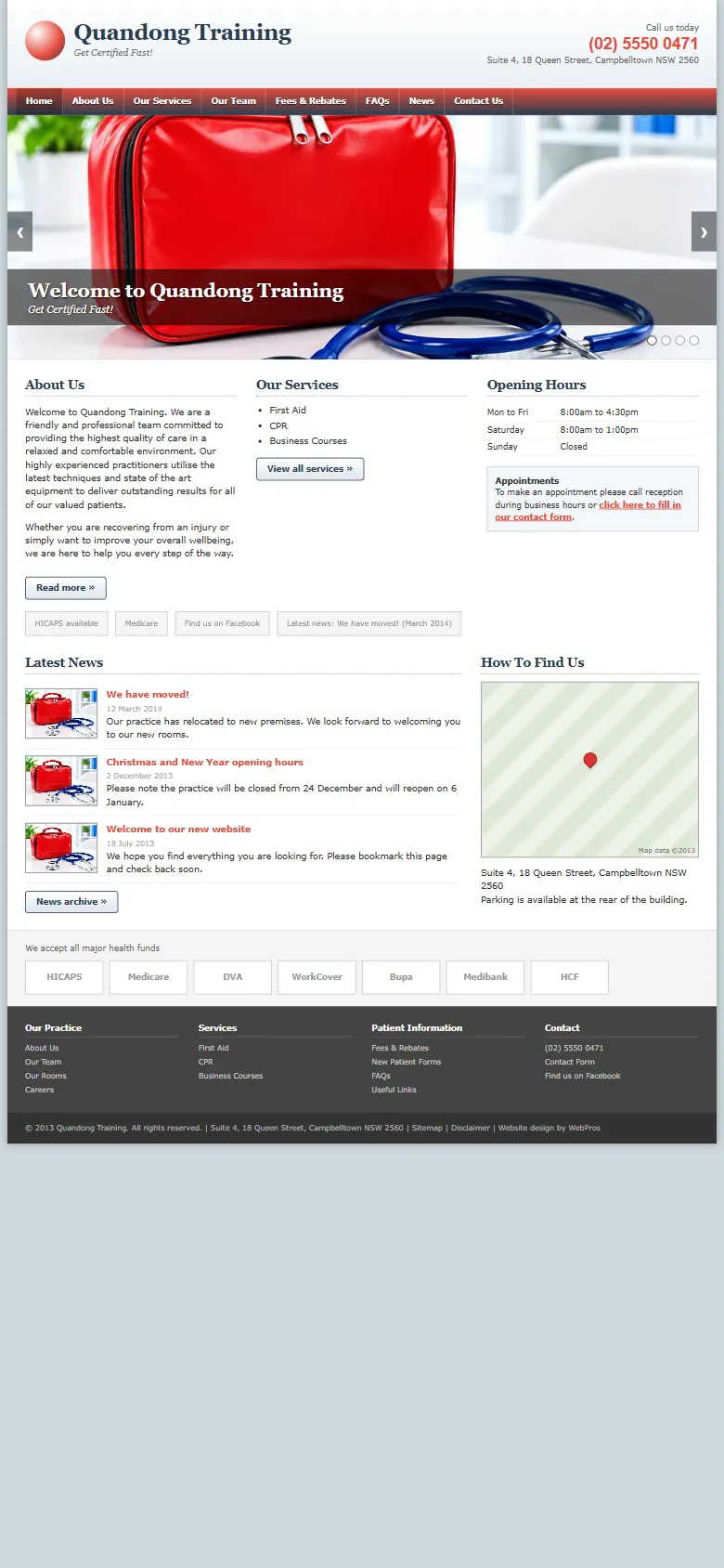An illustrative old homepage for Quandong Training, a fictional training provider in Campbelltown, before the rebuild