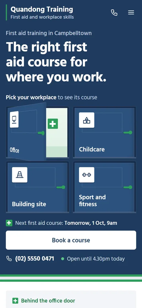Example homepage for Quandong Training, a fictional training provider in Campbelltown
