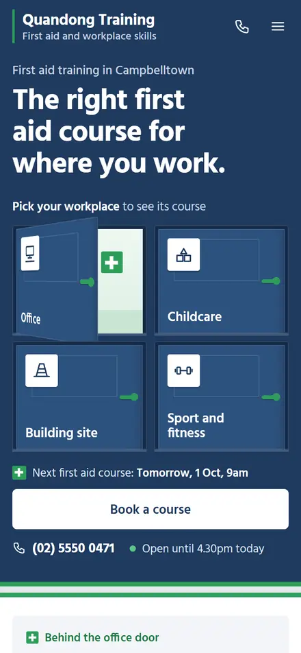 Example homepage for Quandong Training, a fictional training provider in Campbelltown