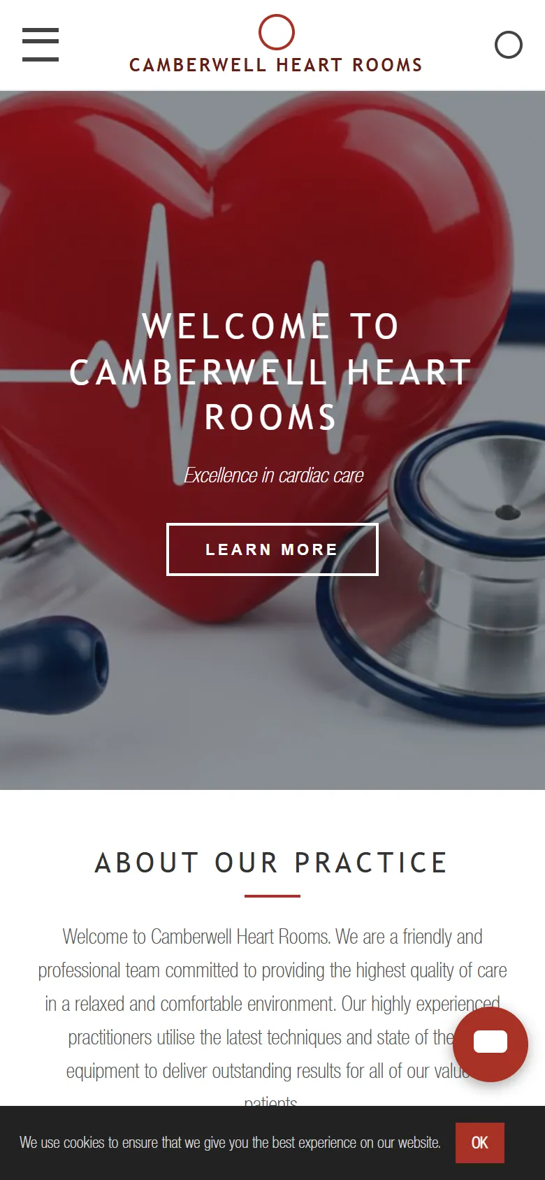An illustrative old homepage for Camberwell Heart Rooms, a fictional specialist practice in Camberwell, before the rebuild