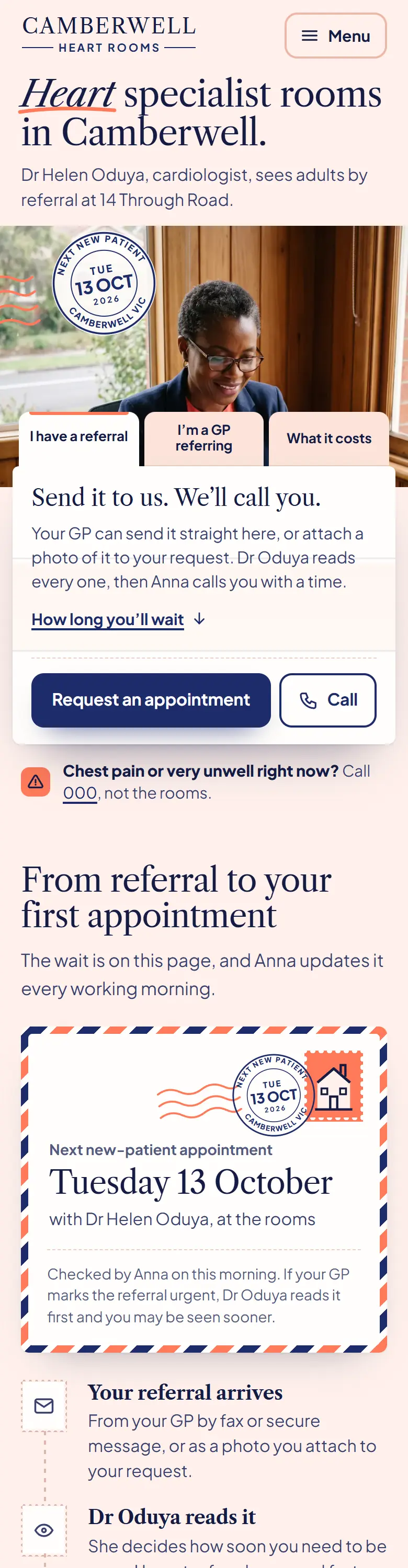 Example homepage for Camberwell Heart Rooms, a fictional specialist practice in Camberwell