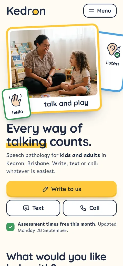 Example homepage for Kedron Speech Pathology, a fictional speech pathology clinic in Kedron