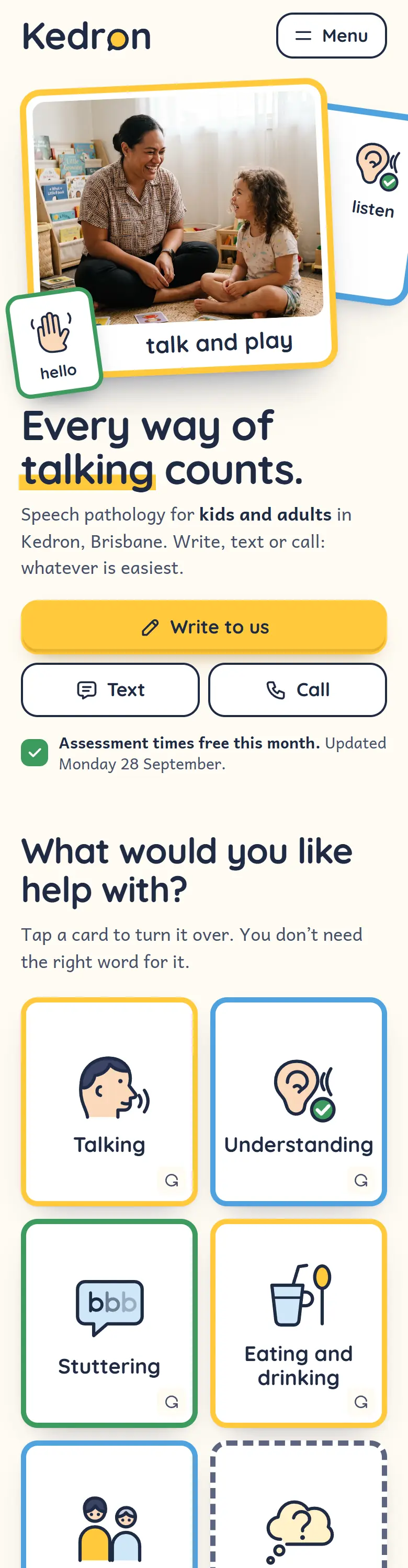Example homepage for Kedron Speech Pathology, a fictional speech pathology clinic in Kedron