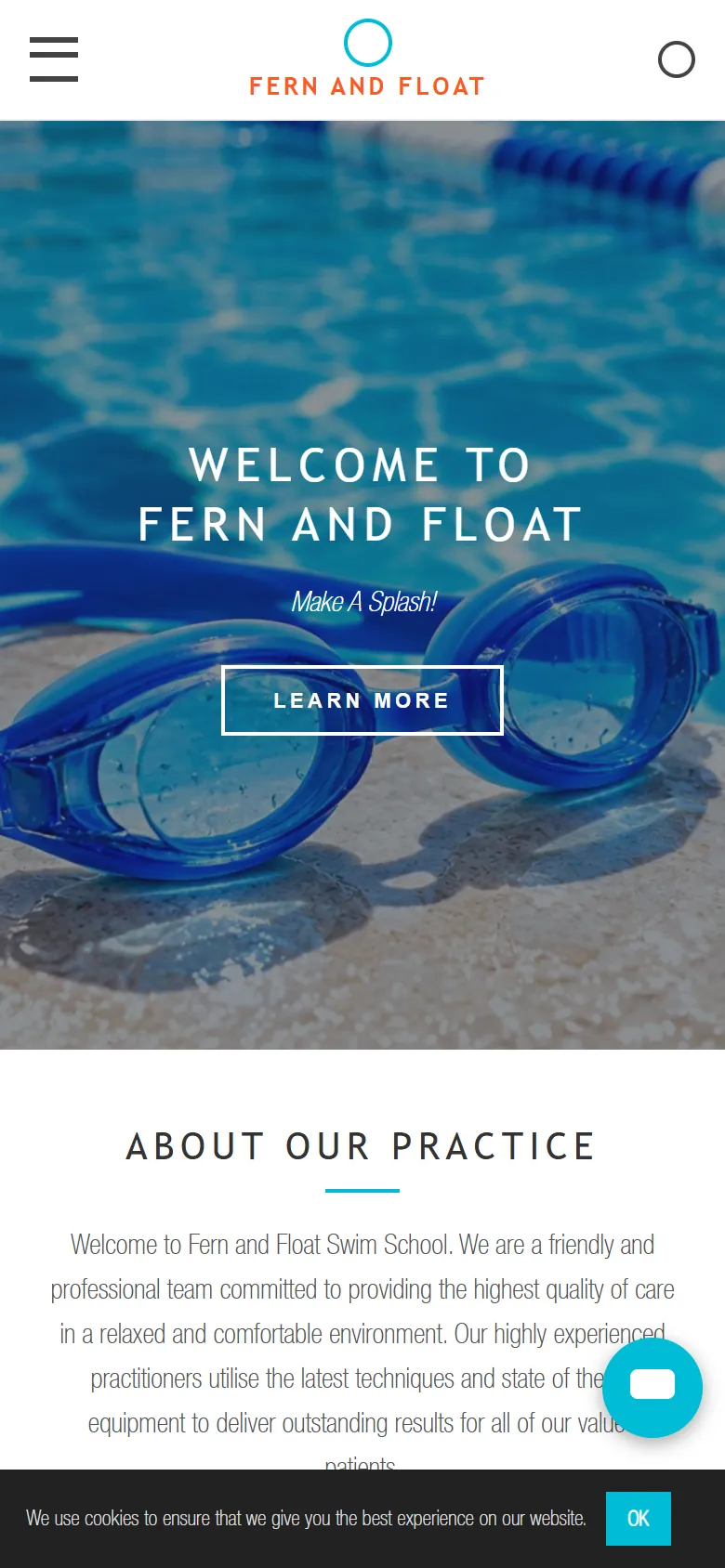 An illustrative old homepage for Fern and Float Swim School, a fictional swim school in Frankston, before the rebuild