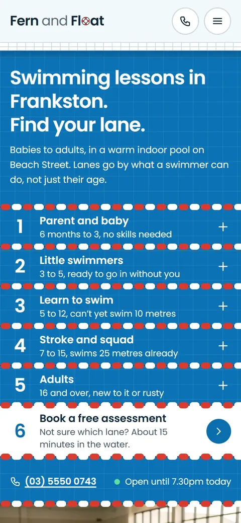 Example homepage for Fern and Float Swim School, a fictional swim school in Frankston