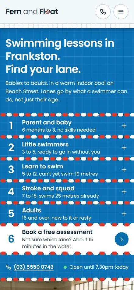 Example homepage for Fern and Float Swim School, a fictional swim school in Frankston