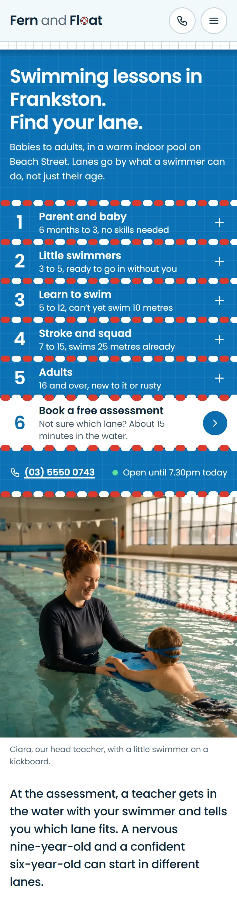 Example homepage for Fern and Float Swim School, a fictional swim school in Frankston