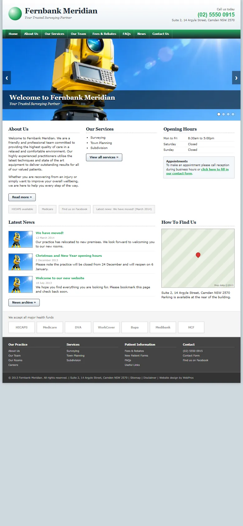 An illustrative old homepage for Fernbank Meridian, a fictional planning and survey practice in Camden, before the rebuild