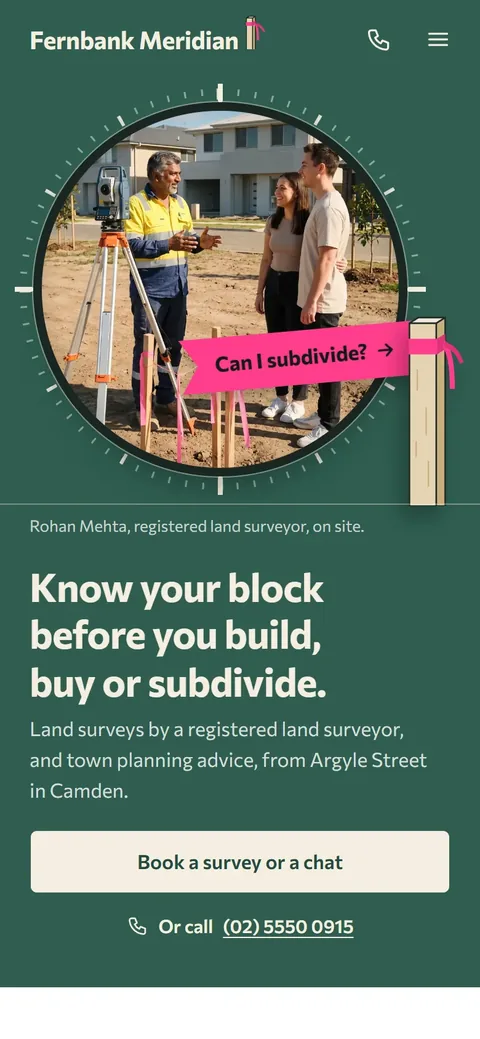 Example homepage for Fernbank Meridian, a fictional planning and survey practice in Camden