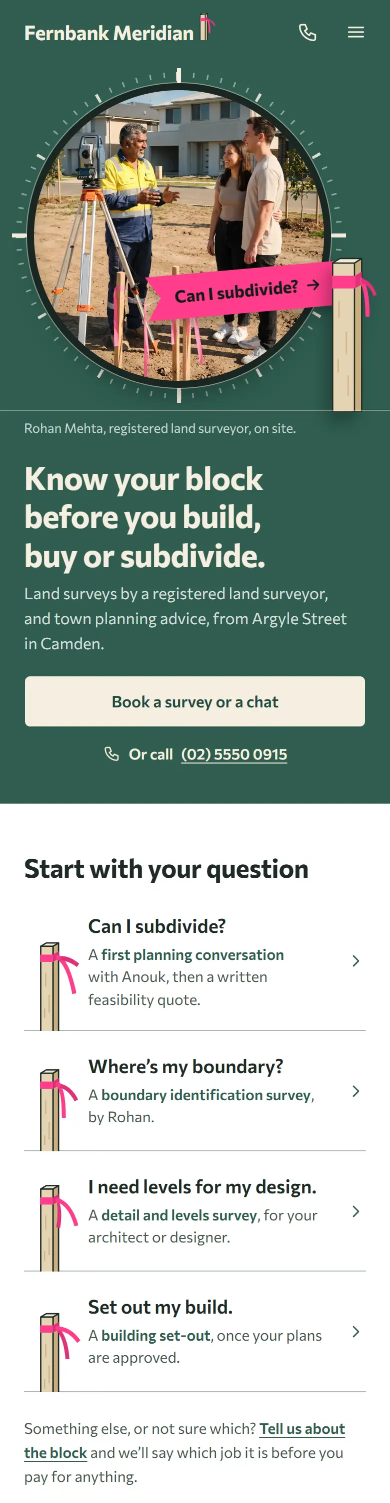 Example homepage for Fernbank Meridian, a fictional planning and survey practice in Camden