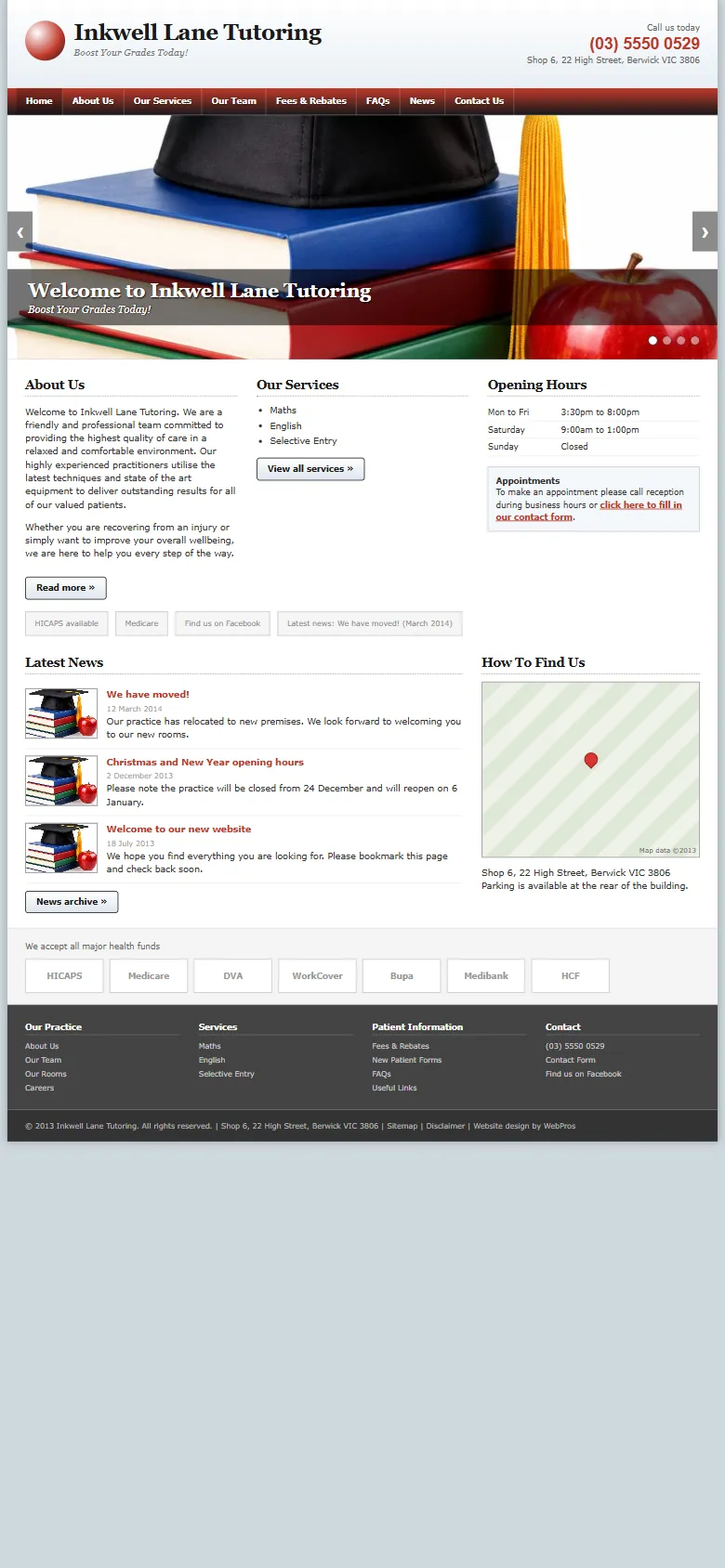 An illustrative old homepage for Inkwell Lane Tutoring, a fictional tutoring centre in Berwick, before the rebuild
