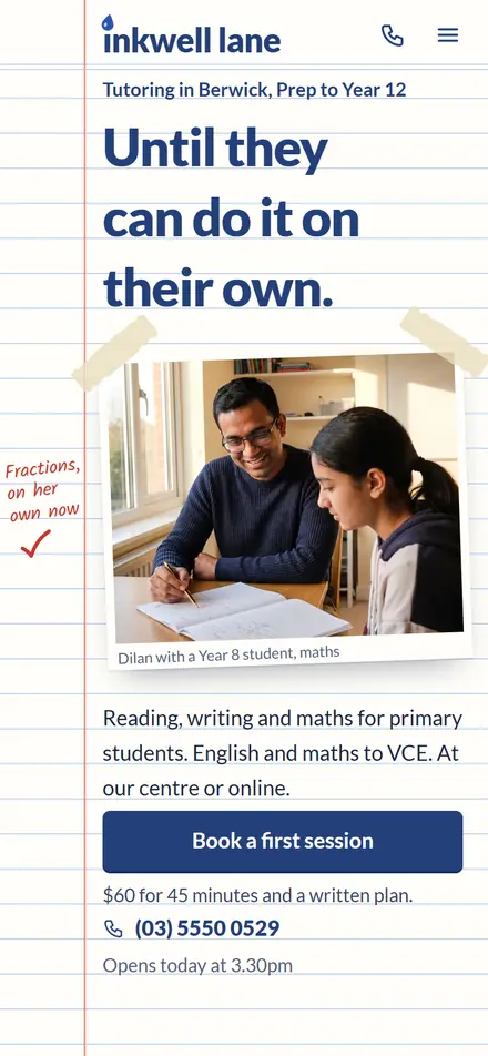 Example homepage for Inkwell Lane Tutoring, a fictional tutoring centre in Berwick