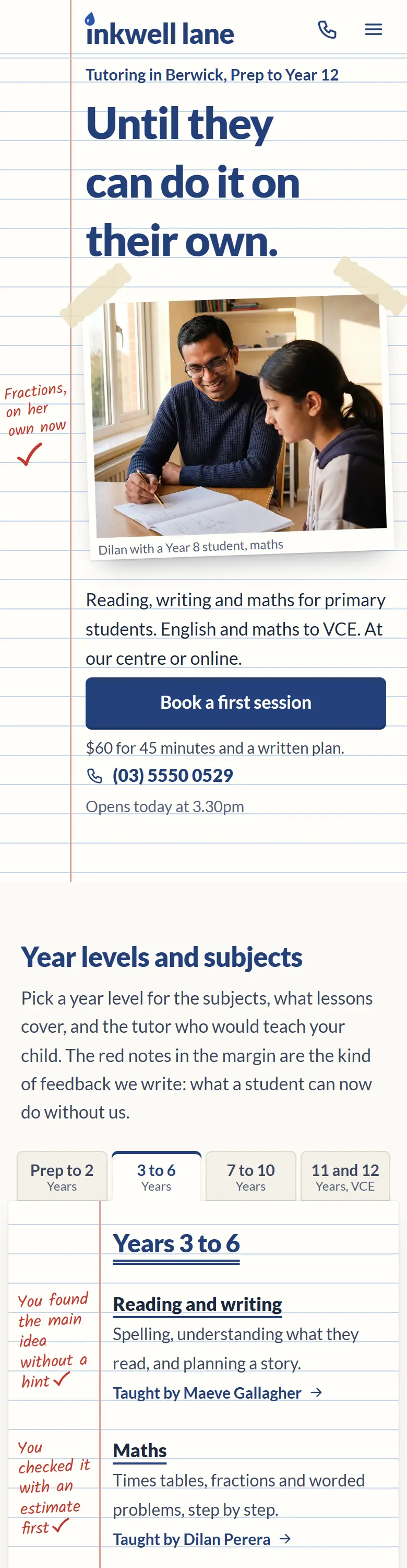 Example homepage for Inkwell Lane Tutoring, a fictional tutoring centre in Berwick