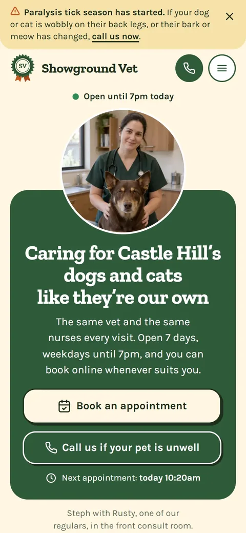 Example homepage for Showground Vet, a fictional vet clinic in Castle Hill