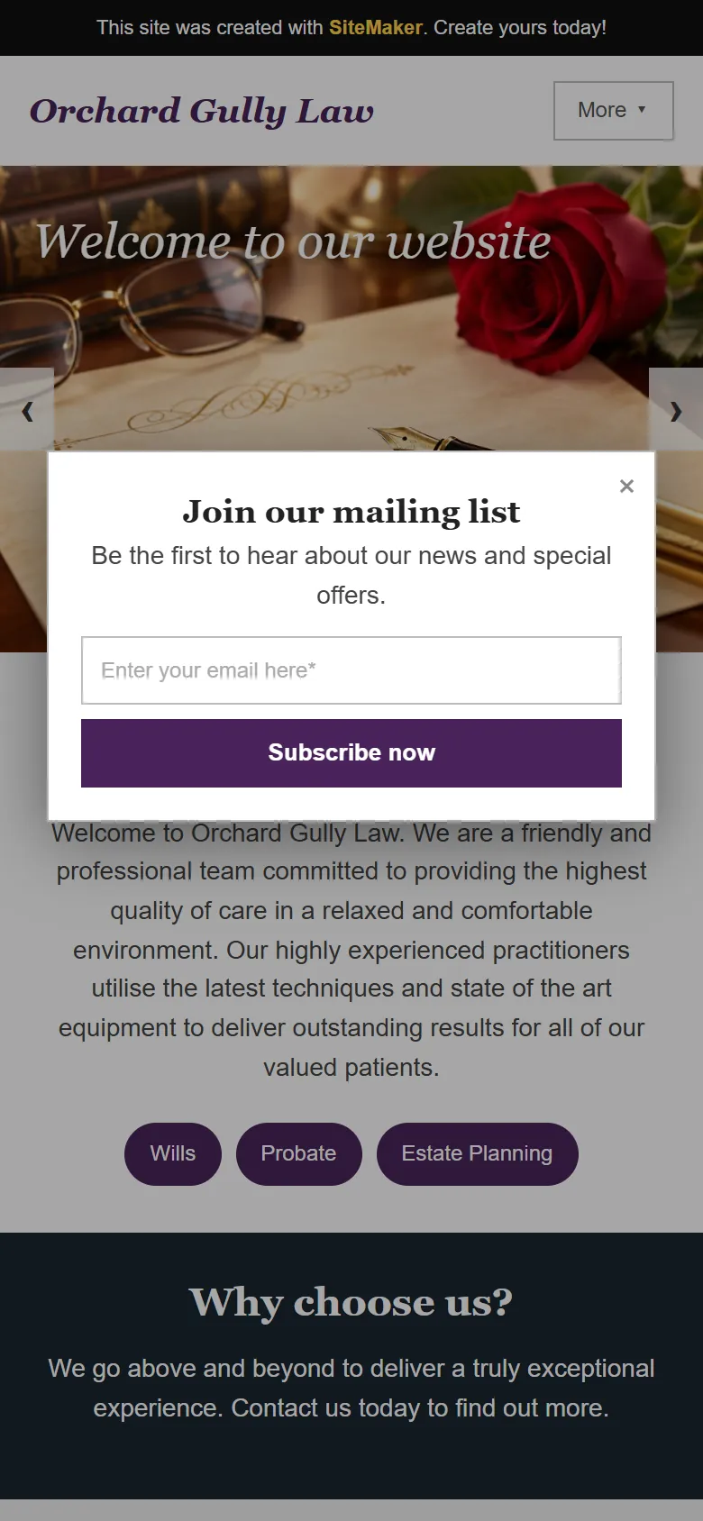 An illustrative old homepage for Orchard Gully Law, a fictional wills and estates firm in Orange, before the rebuild