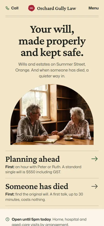 Example homepage for Orchard Gully Law, a fictional wills and estates firm in Orange