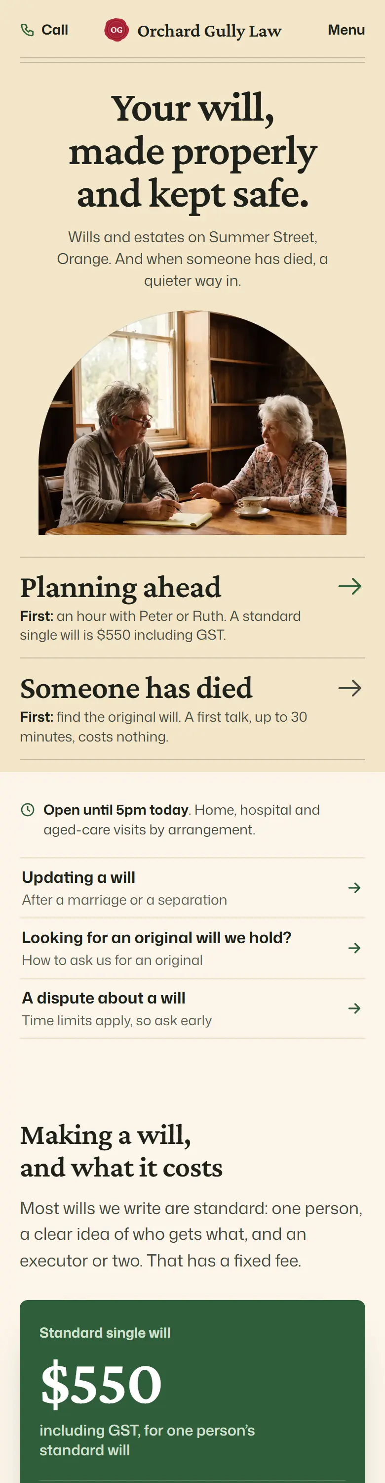 Example homepage for Orchard Gully Law, a fictional wills and estates firm in Orange