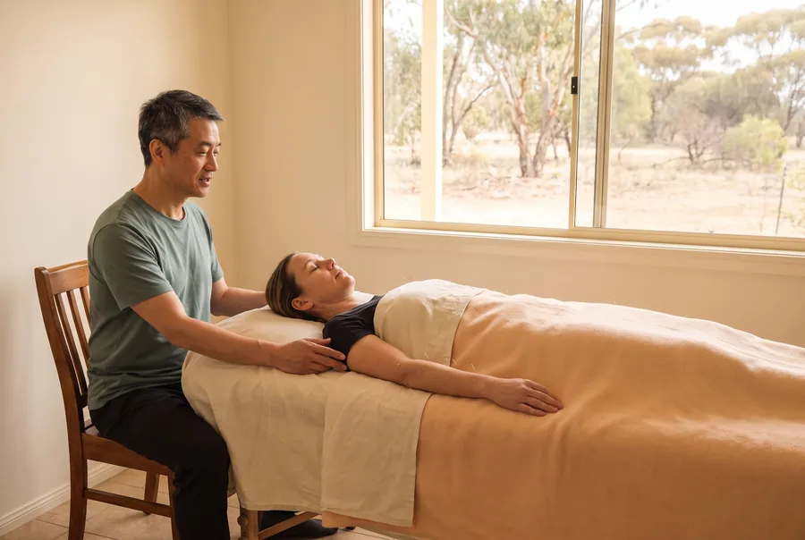 A client resting on the treatment table under a blanket, eyes closed, while Daniel sits beside her with a hand on her shoulder.