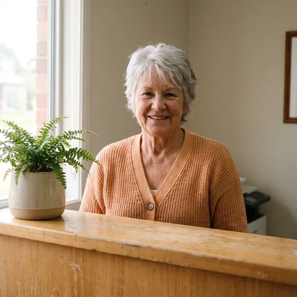 Marg Doyle at the front desk, smiling.