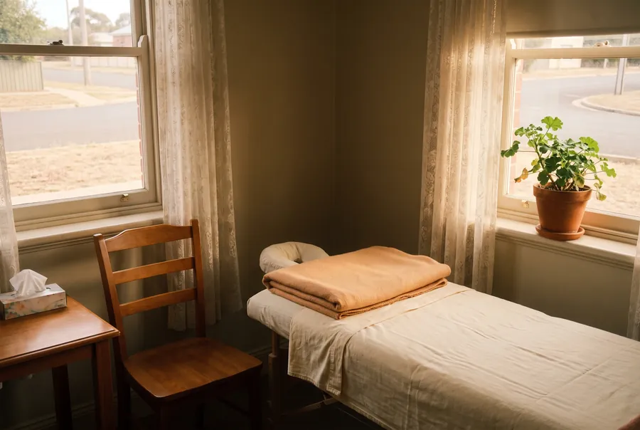 The treatment room: a made-up table with a folded blanket, a wooden chair beside it, lace curtains and a geranium on the windowsill.