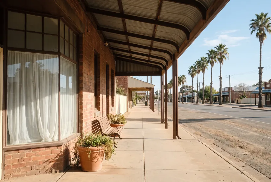 A red-brick shopfront with curtained windows under a deep verandah, a bench and potted plants on the footpath, and palm trees down the street.