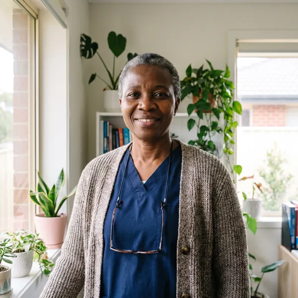 Joy, smiling, in navy scrubs and a grey cardigan by a sunny window.