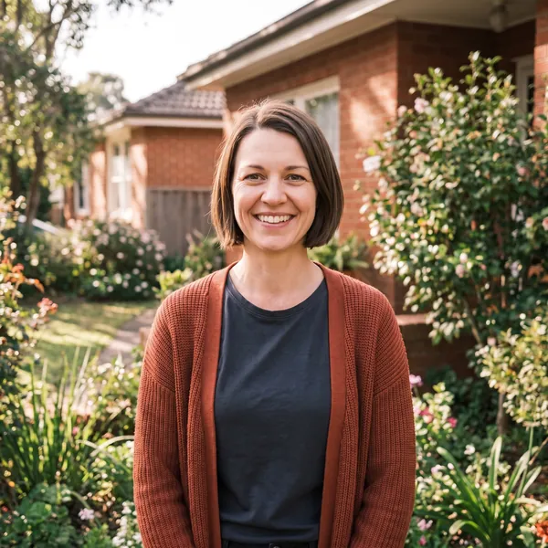 Leanne, smiling, in a rust cardigan in a front garden.