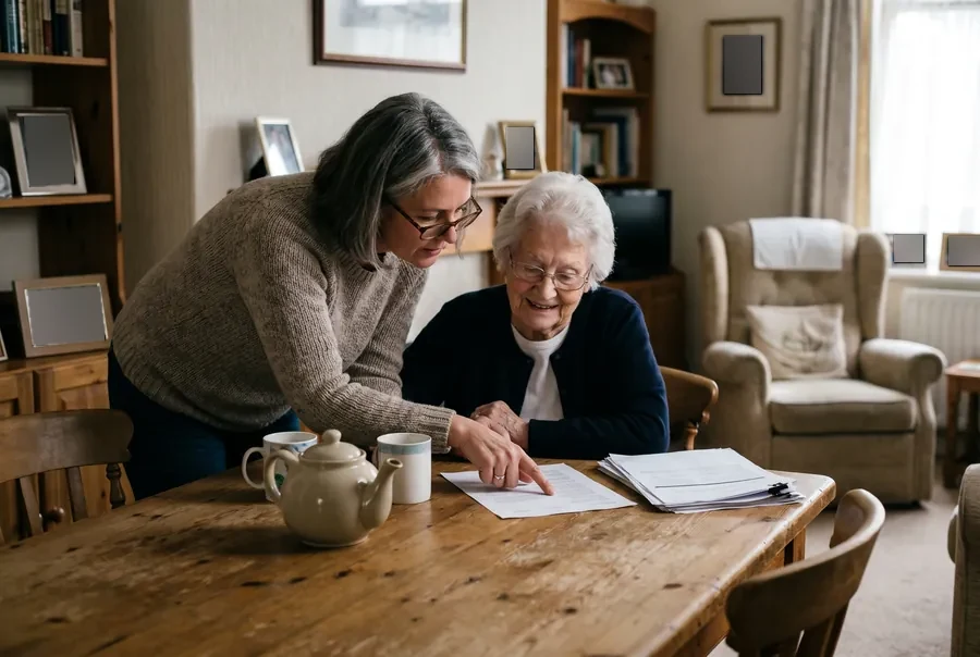 A daughter leans over her mother’s shoulder at the dining table, pointing to a line on a printed price list beside the teapot.