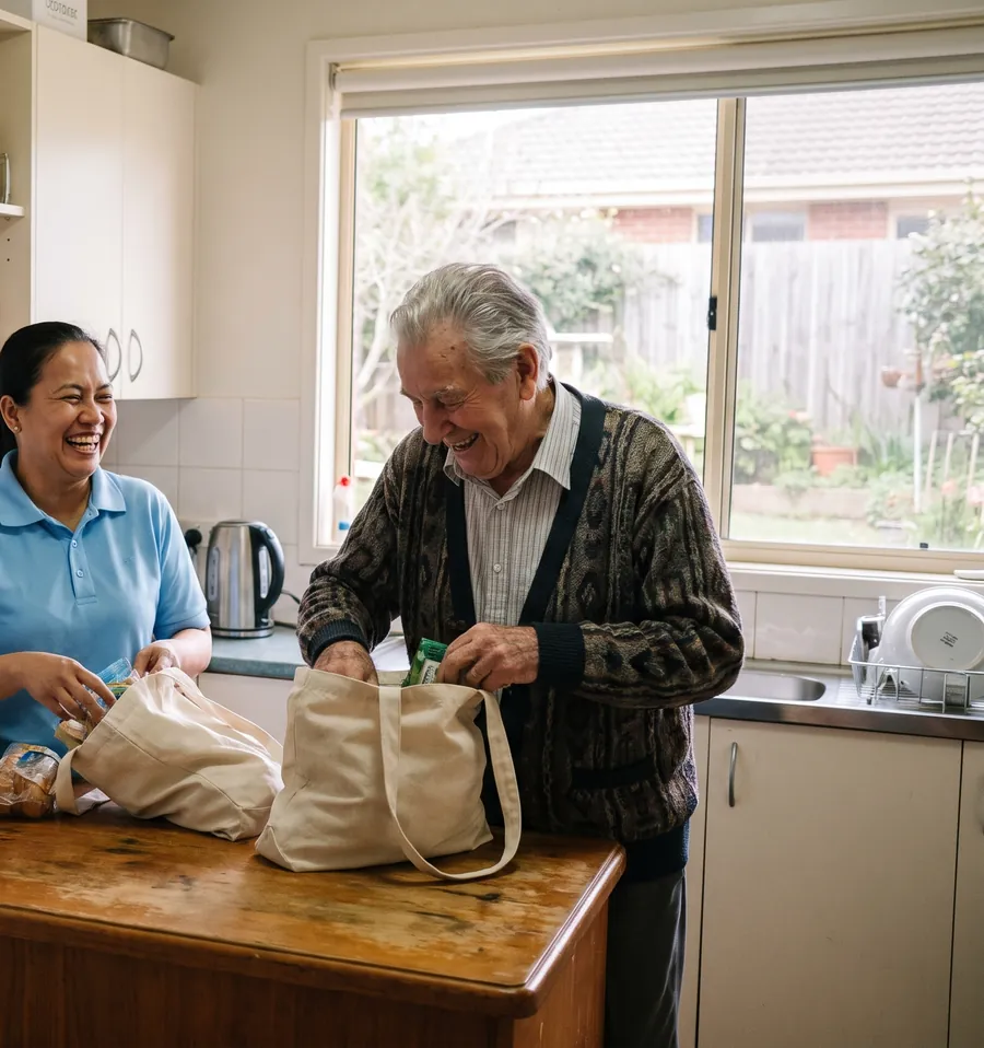 Maricel and an older man laughing as they unpack calico shopping bags on his kitchen bench.