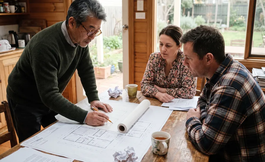 Hiro Sato leaning over floor plans on a kitchen table, going through them with two home owners.