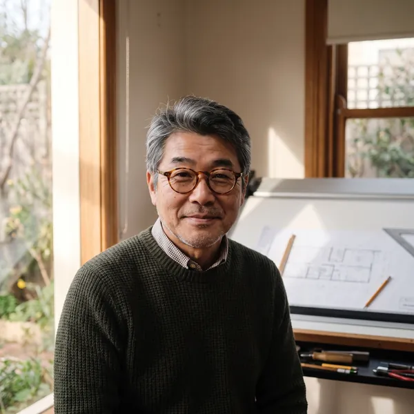 Hiro Sato, principal of Mallee Fold Architects, in the studio beside a drawing board.