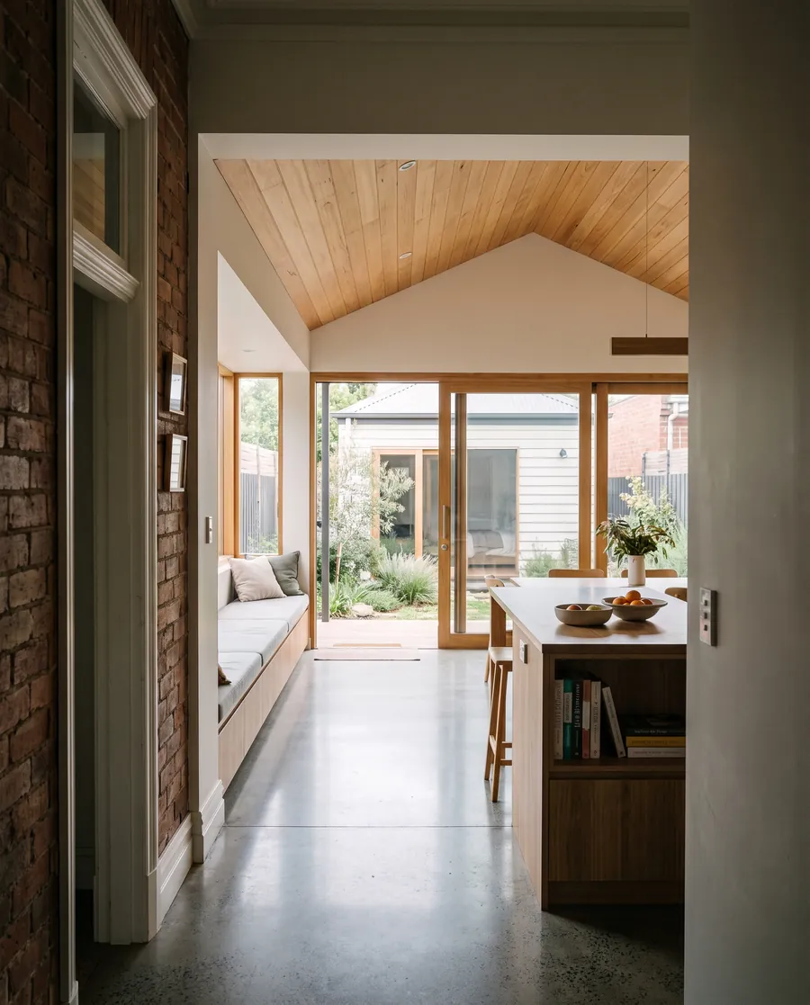 The original hall of a Victorian brick house, opening into a new living room and kitchen with a timber-lined ceiling and glass doors to the garden.